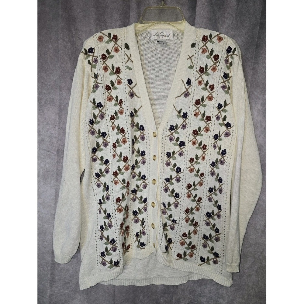 VTG Lee David Collection Floral Embroidered Button Up Cardigan Sweater Size L